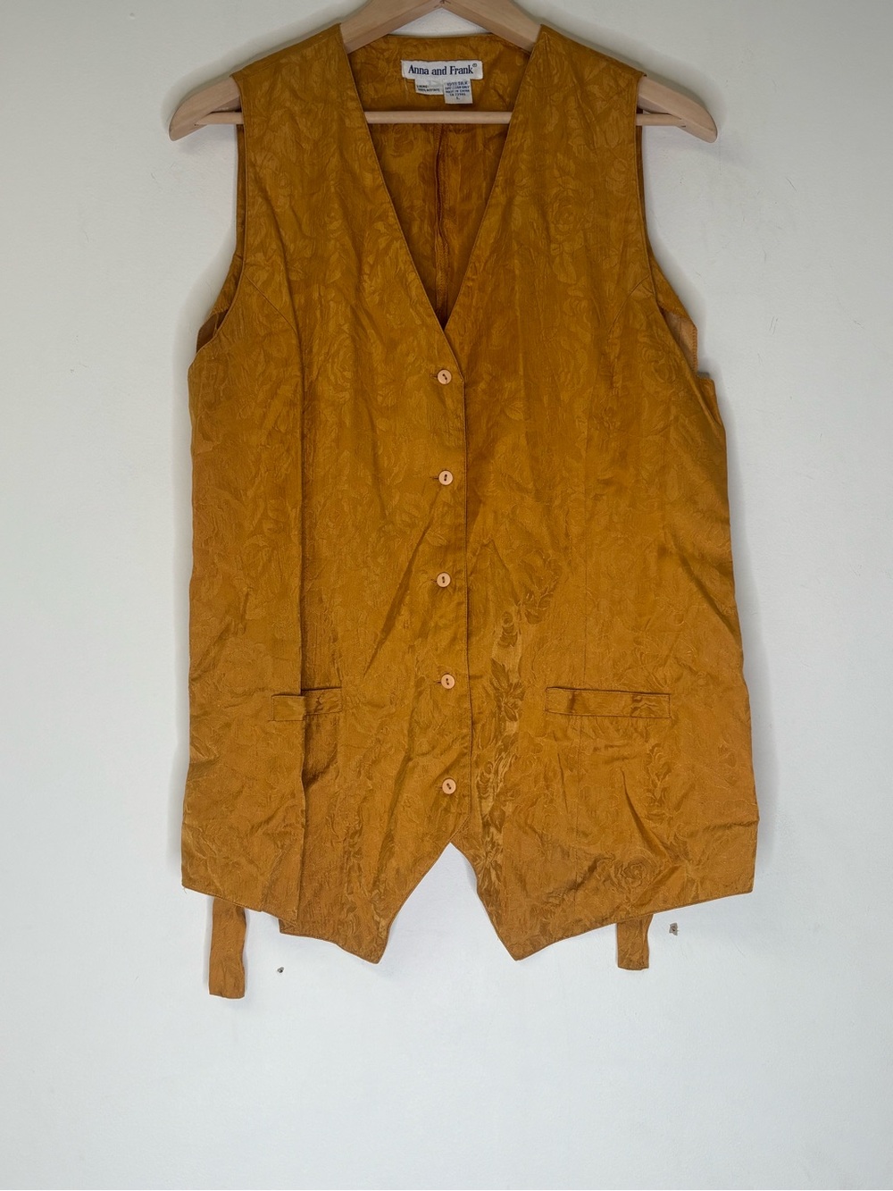Vintage 90s Anna and Frank Silk Mustard Gold Floral Jacquard Longline Vest L